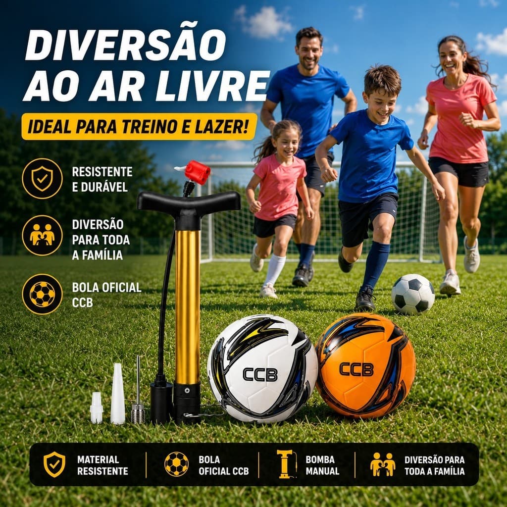 Kit Bola de Futebol CCB com Bomba Manual Dourada KAPBOM e Agulha, 5 Cores para Campo, Quadra, Escola e Lazer