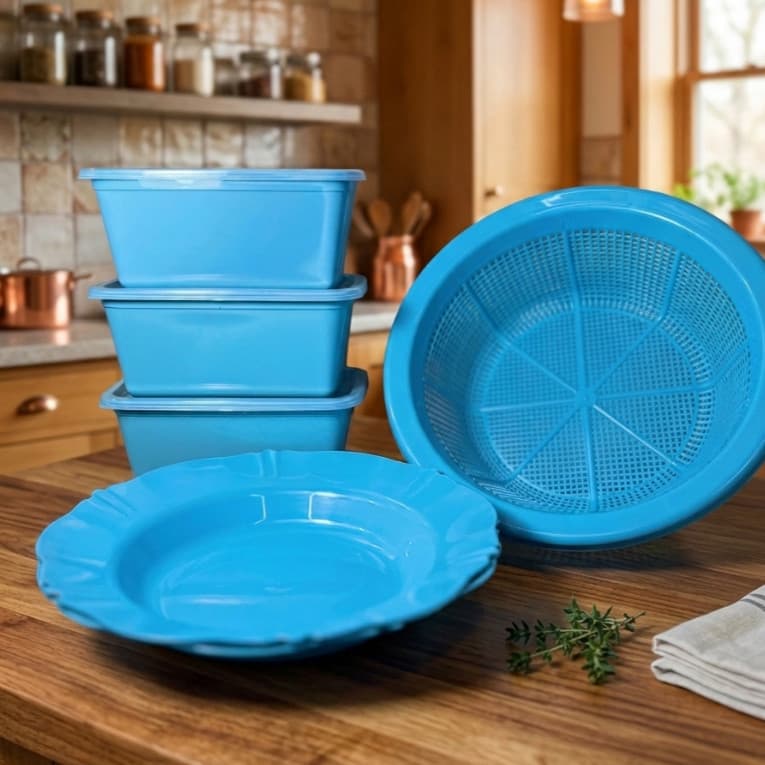 Kit de 6 Potes marmita 1litro + 1 Escorredor de alimentos + 6 Prato Fundo cozinha utensílios