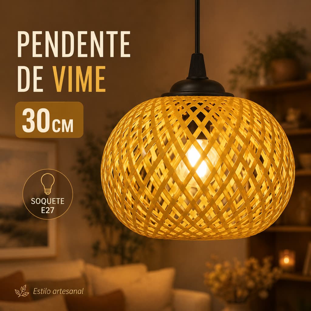 Pendente De Vime Estilo Palha Redondo 30cm Lustre Sala De Jantar Varanda Gourmet Quarto Boho Bivolt