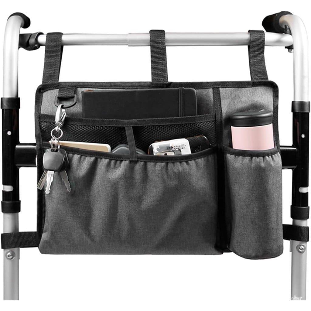 Bolsa para andador de grande capacidade com porta-copos, cesto de armazenamento dobrável, adequada para andadores de dua