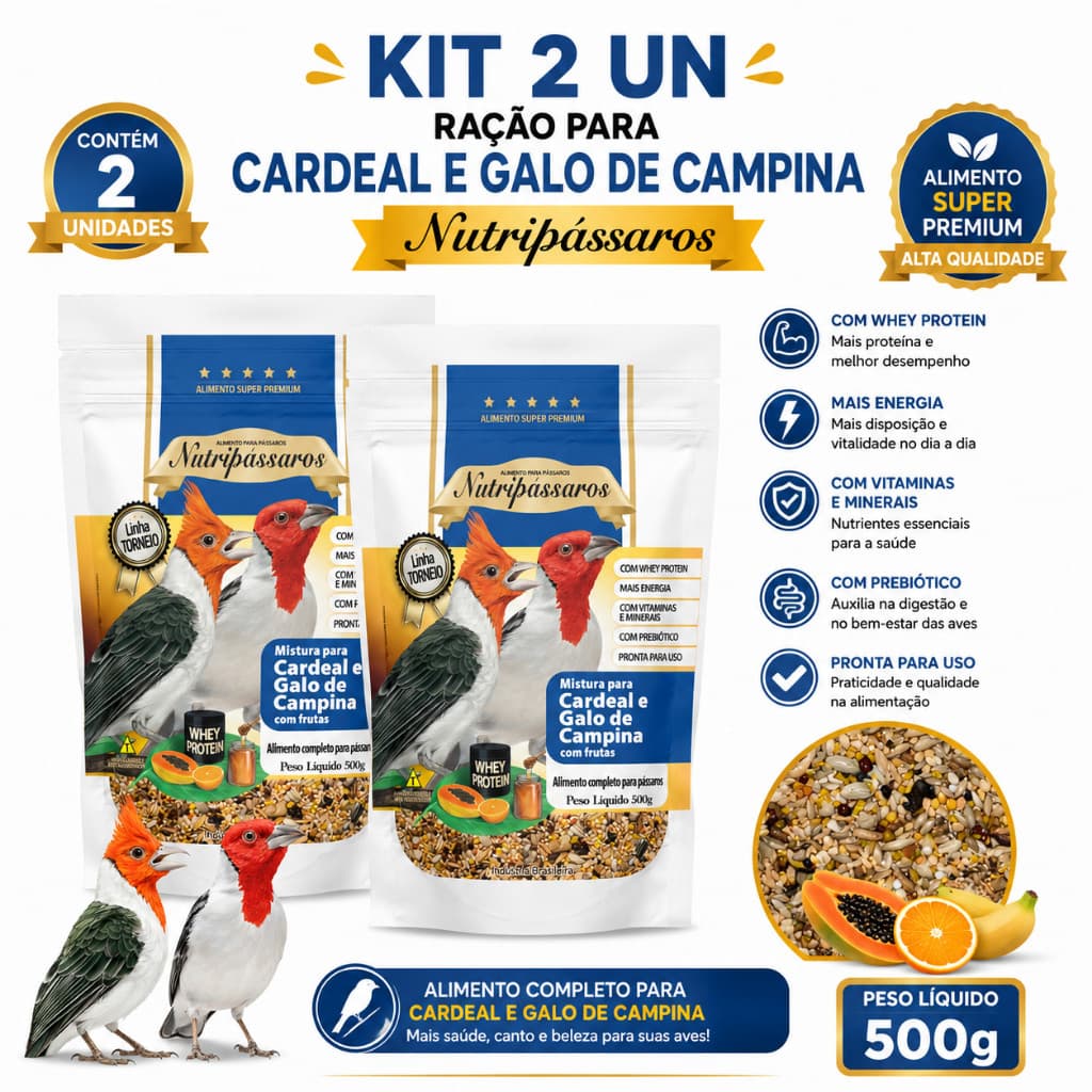 Kit 2 un - Ração para Cardeal e Galo De Campina 500g Nutripássaros
