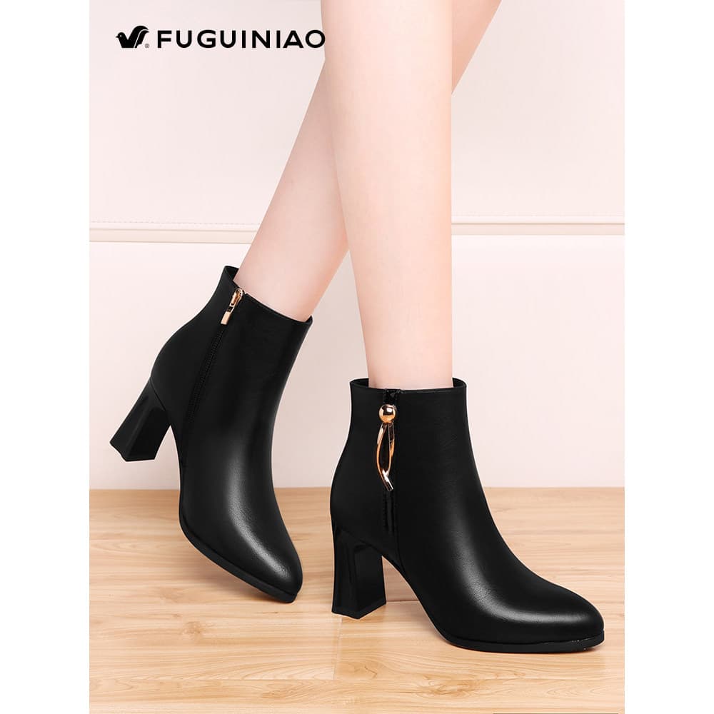 Fugui pássaro sapatos de couro feminino 2026 novo estilo outono inverno forro de lã couro genuíno botas curtas senhoras