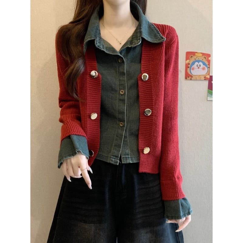 Estilo coreano Denim costura camisola de manga comprida outono inverno 2026 novo estilo Plus Size roupas femininas gordu