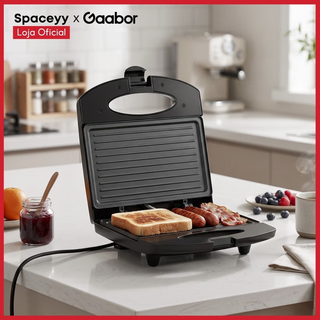 Gaabor Sanduicheira Elétrica 800W Preta Dupla Face Antiaderente Compacta Leve 2 Sandes EH M03A