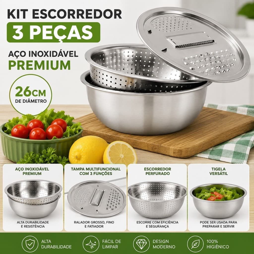 Kit 3 Em 1 Ralador 4 Laminas, Escorredor para Macarrão, Tigela 24cm / 26cm Inox Aço Inoxidável