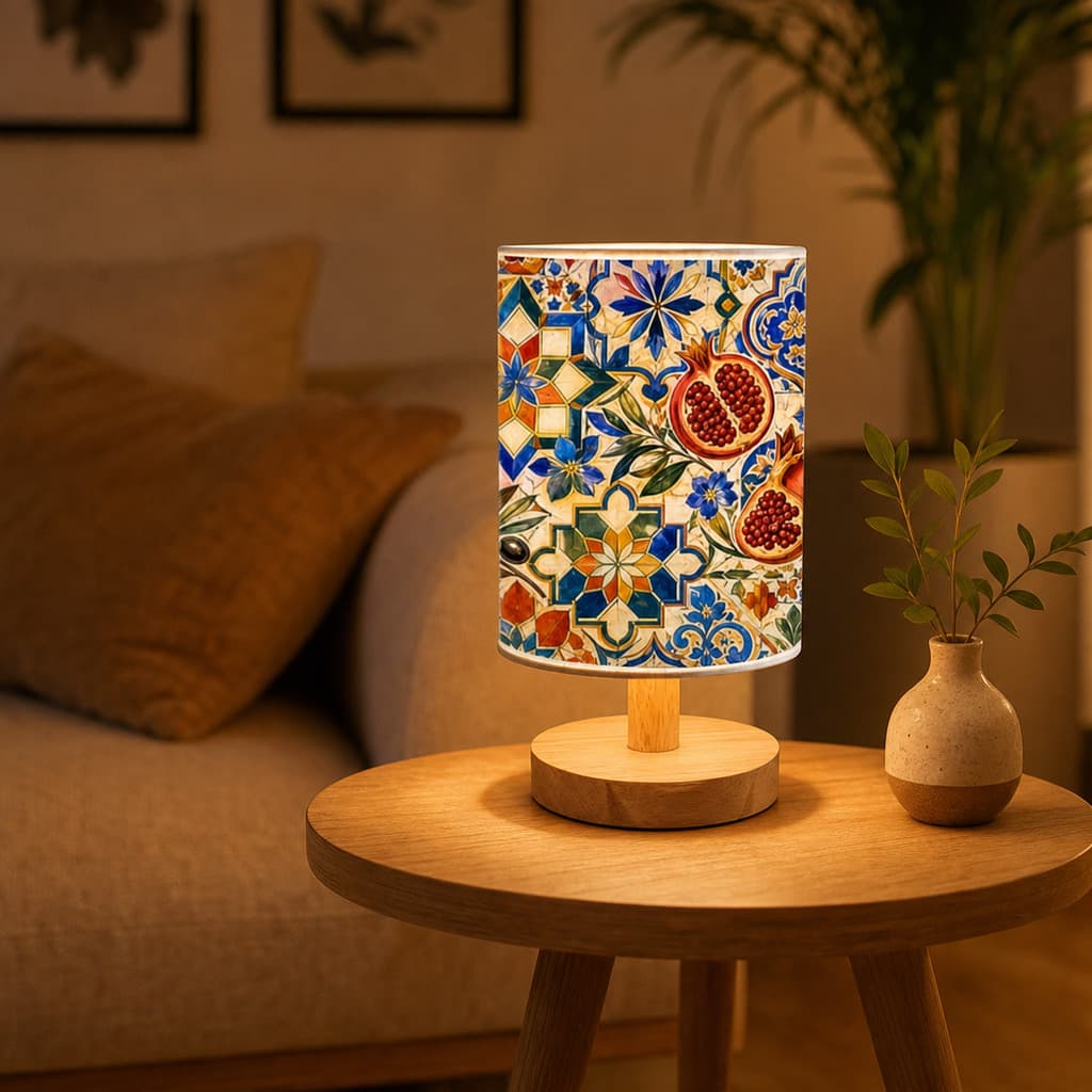 Candeeiro De Mesa Colorido Com Padrão De Frutas E Base De Madeira | Cabeceira Decorativo Para Casa