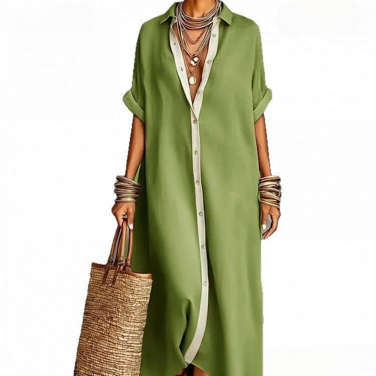 Vestido Longo Feminino Solto de Algodão e Linho com Cores Contrastantes