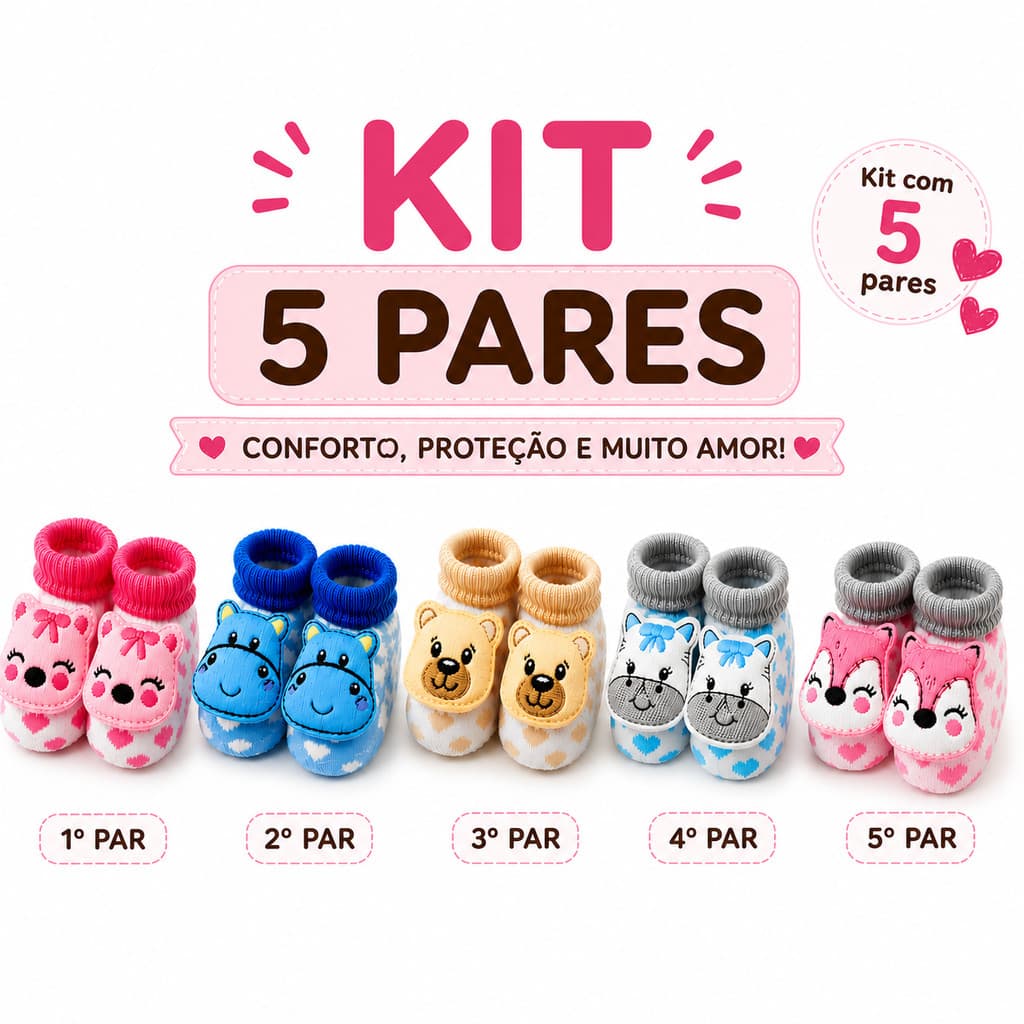 Kit 5 Meias 3D Bebe 0 a 6 Meses Menina Menino Unissex Recém Nascido RN Meia Bebe Quente Confortável