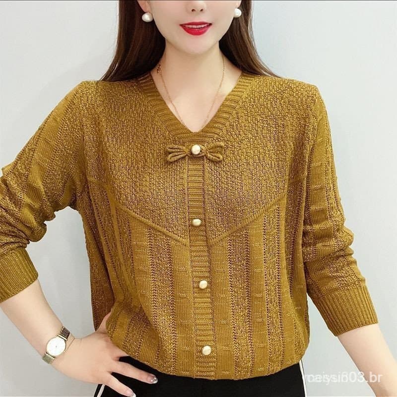 Nova Moda de Outono: Camiseta Simples com Decote em V, Camisa Base Versátil, Tricô Vazado, Solta, Tamanho Grande, M Y8BG