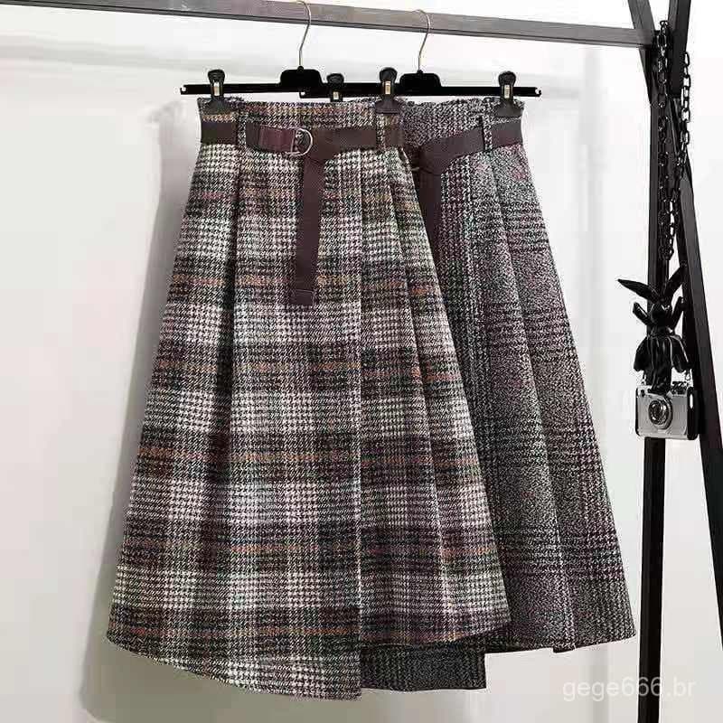 Saia de Lã Xadrez Plus Size para Outono Inverno, Saia Feminina de Comprimento Médio em A, Saia Longa Irregular de Cintur
