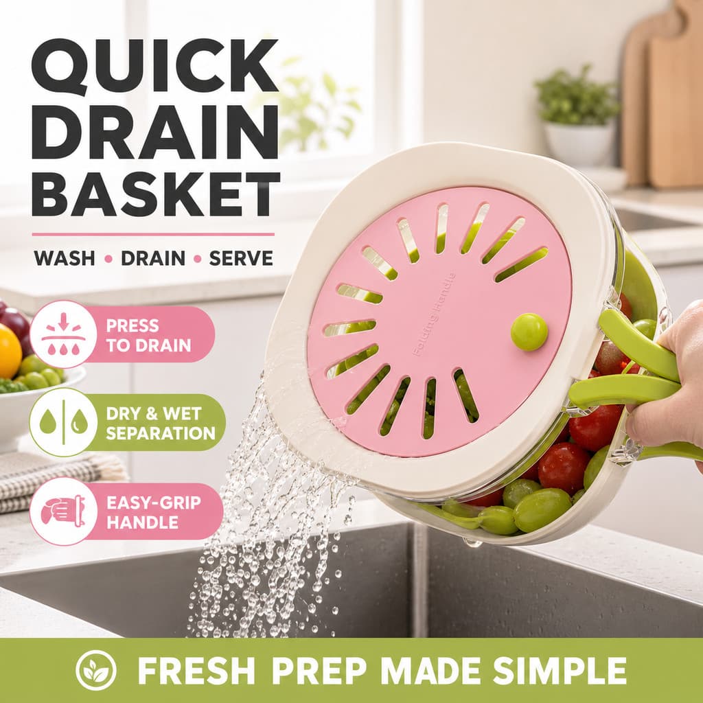 Cesta de drenagem grande dedicada para uso doméstico, cesta de frutas fofa, filtro de água retrátil, dois em um, cesta d