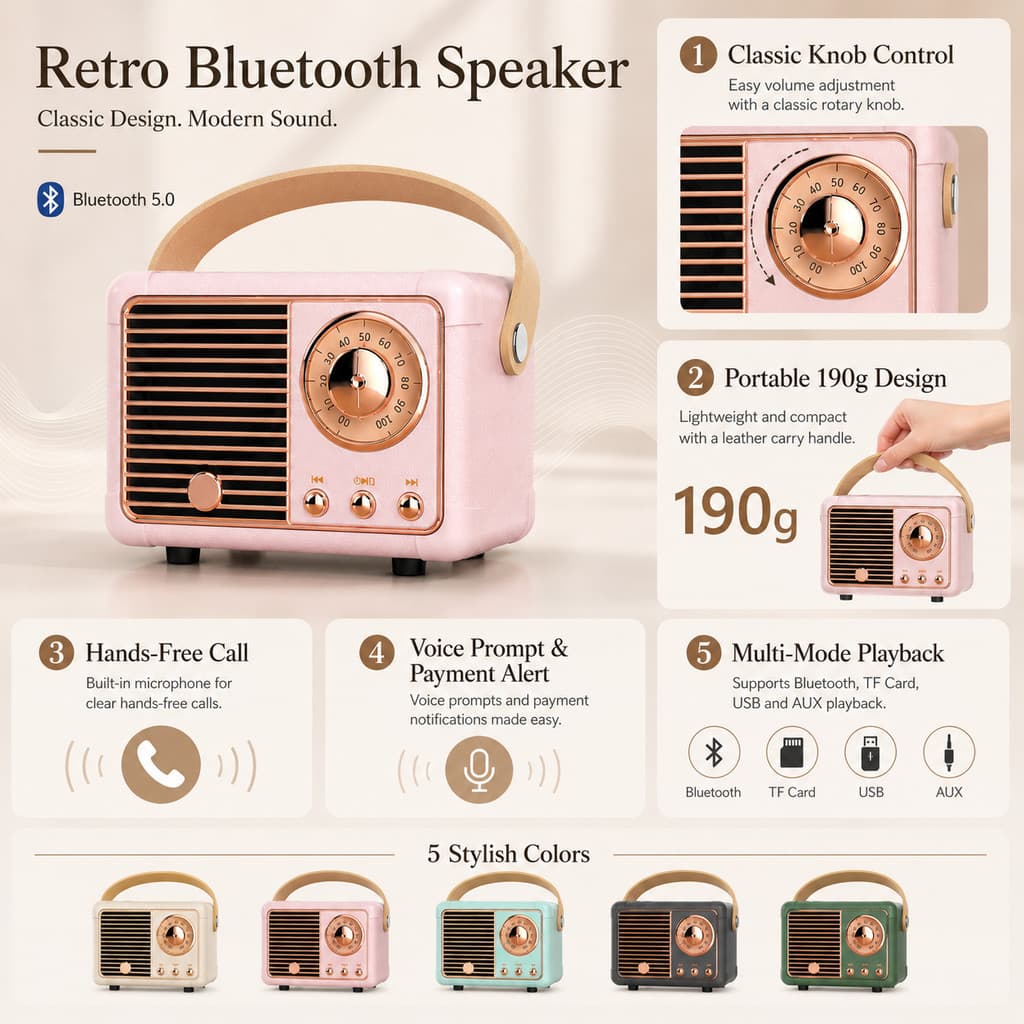 Alto-Falante Bluetooth Retrô Mini Design Portátil 5.0 Cartão TF USB AUX Chamada Viva-Voz
