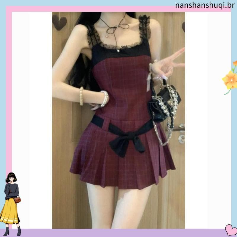 Puro desejo quente estilo menina Suspender vestido feminino verão nicho renda costura Design cintura estreita saia curta
