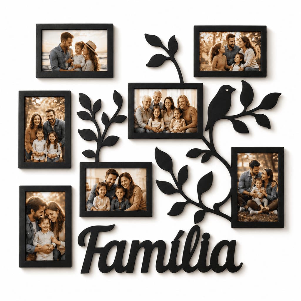 Porta Retrato de Parede Família para 7 Fotos 10x15 em MDF com Árvore Galhos Pássaros 50x45cm