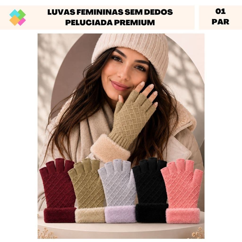Luvas Femininas Sem Dedos Tricô Peluciada Premium (1 Par)