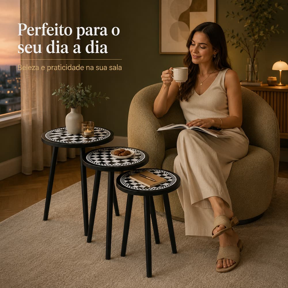 Kit Três Mesas Laterais Nestáveis Padrão Xadrez Preto E Branco, Pernas Pretas, Podem Ser Usadas Juntas Ou Separadas