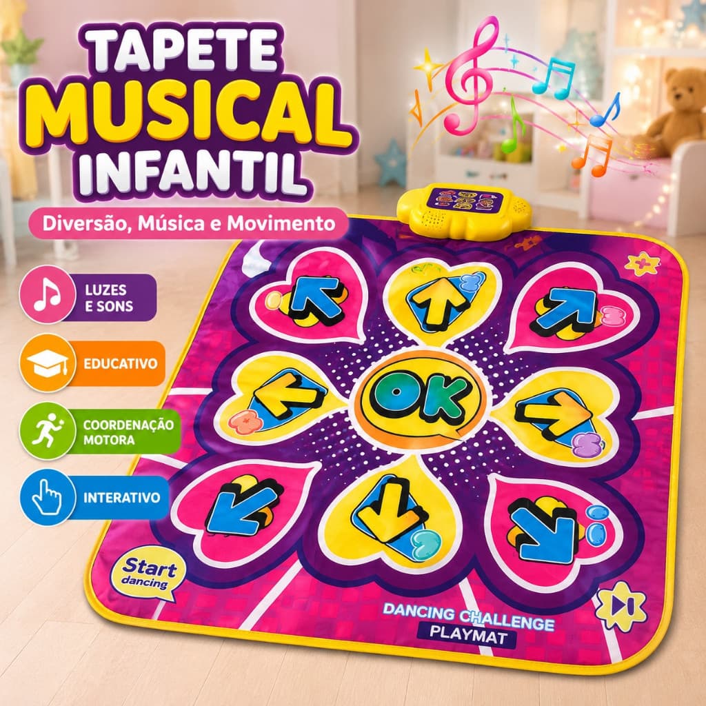 Tapete de Dança Musical Infantil com Luzes e Sons Dobrável Desafio Interativo Educativo 90x86cm