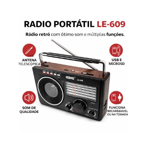 Rádio Retrô LE-609 Bluetooth AM/FM potente som incrível portátil 🔊