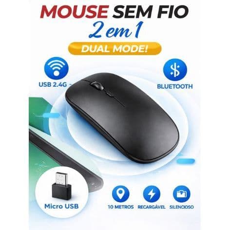 Mouse Wireless 2 em 1 Bluetooth + USB Recarregável Silencioso Alta Precisão