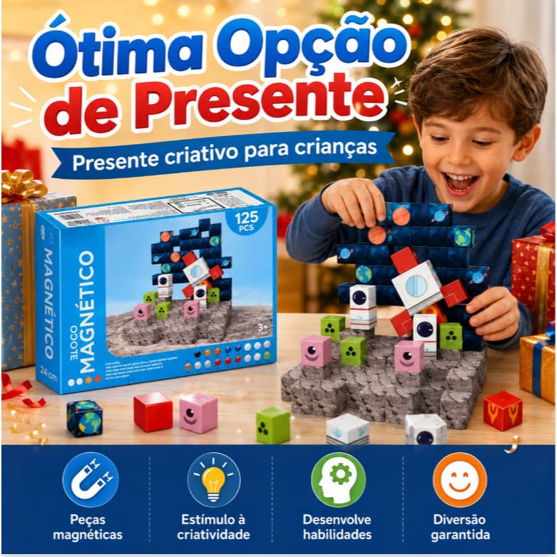 Blocos Magnéticos Infantil 125 Peças Educativo Criativo Montagem Construção Brinquedo Crianças Presente Colorido