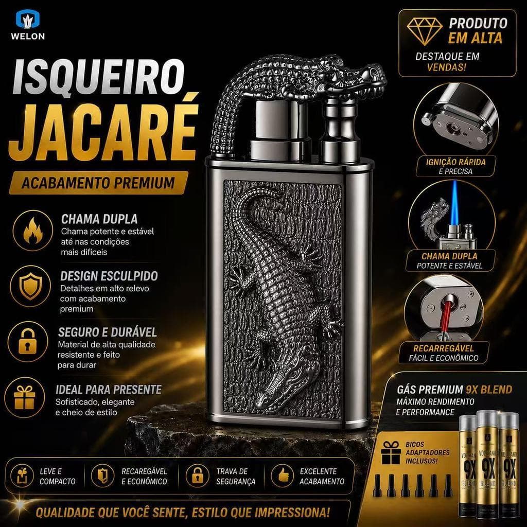 Isqueiro  jacaré Maçarico Dupla Chama Recarregável Sem Gás