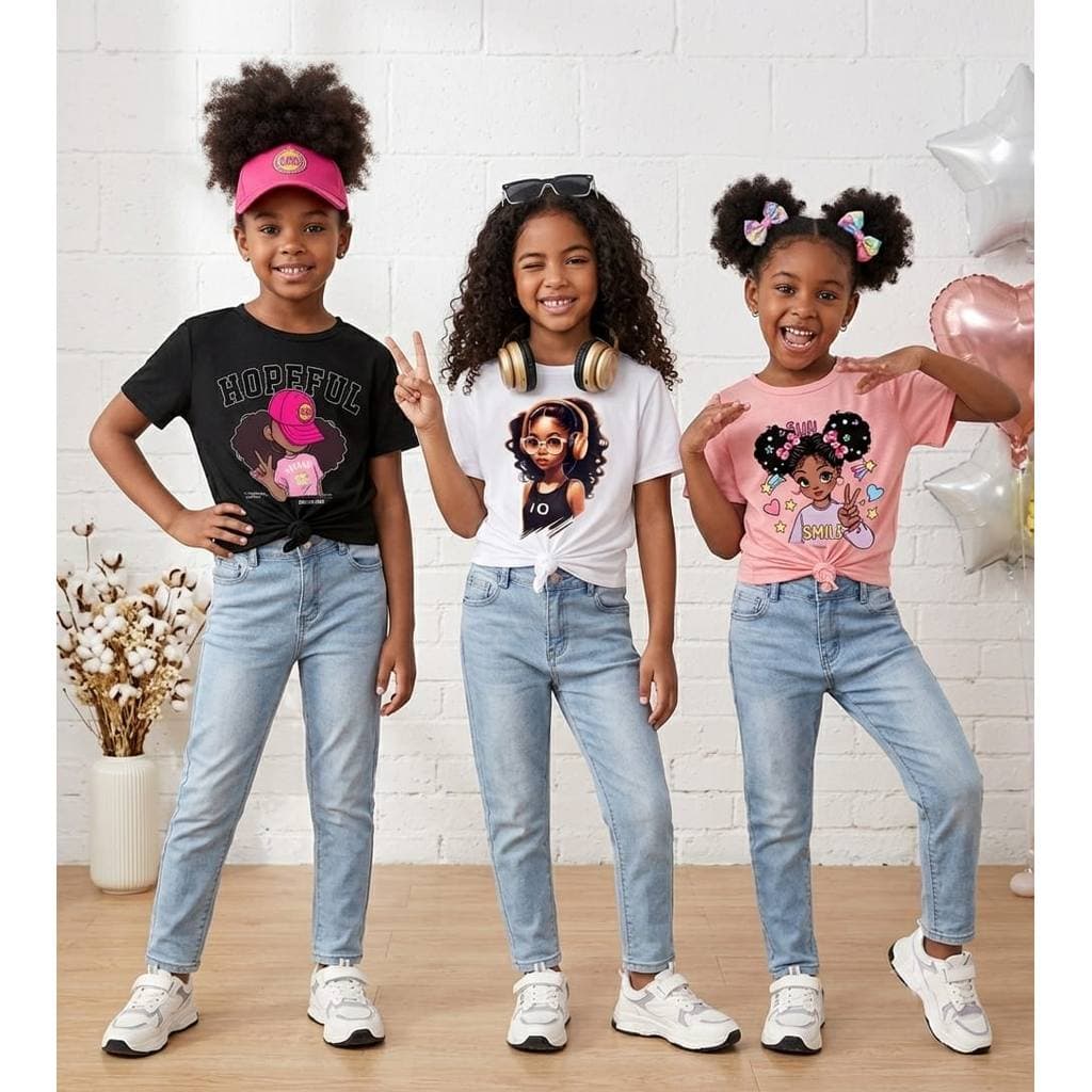 Kit 3 Camisetinha Kids Feminina Moda Meninas Boné Tendência 100% Algodão Tendência Meninas Estilo