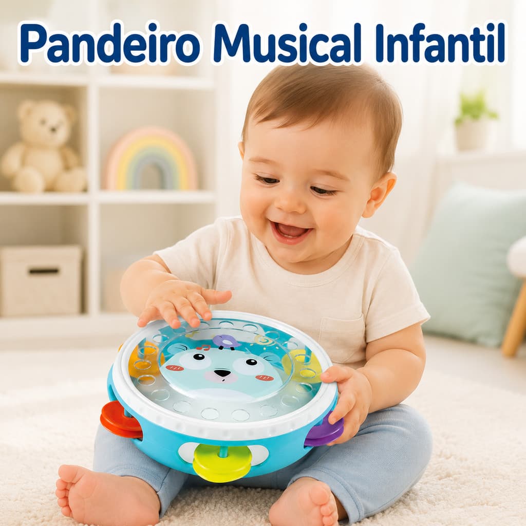 Pandeiro Musical Infantil Buba Zoo Meu Primeiro Instrumento Sensorial para Bebê com Sons e Cores