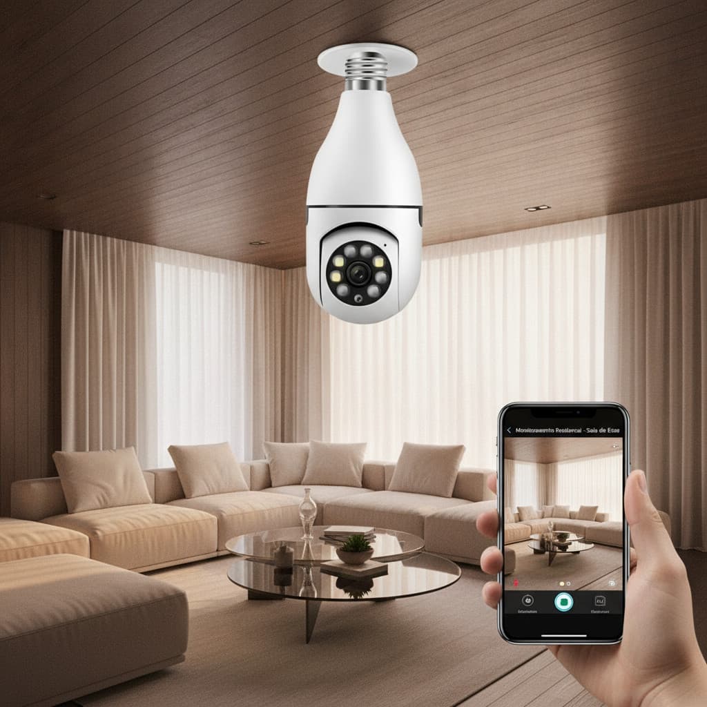 Câmera Segurança Lâmpada IP Wi-Fi 360° Full HD Visão Noturna Bivolt Monitoramento Residencial
