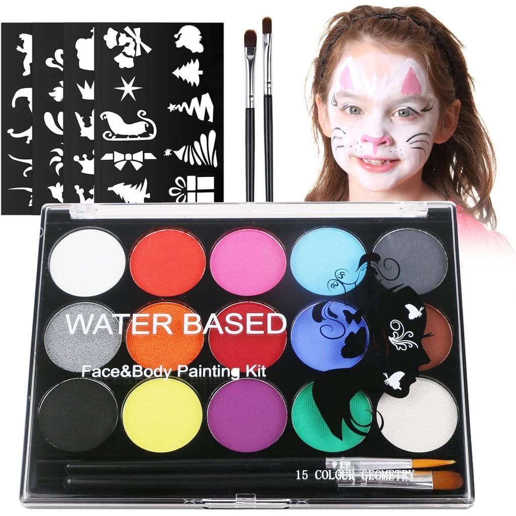 URAQT Face Paint, 15 Color Face Painting Palette with 2 Brushes 32 Stencils, Washable Face Paints Safe Body Paint for Ad