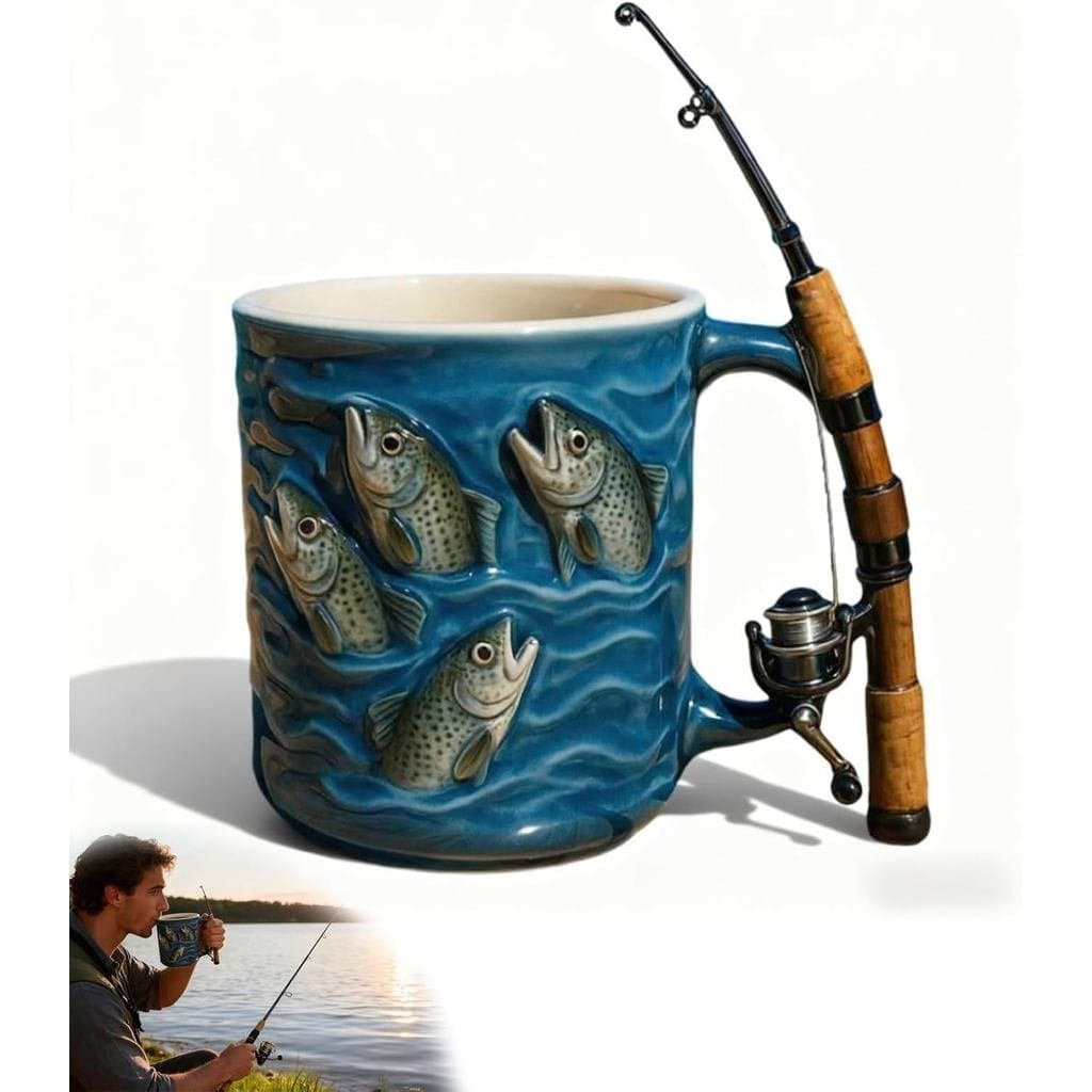 Caneca de Pesca, Caneca de Café com Design Engraçado de Vara e Molinete de Pesca, Copo de Resina com Decoração de Linha