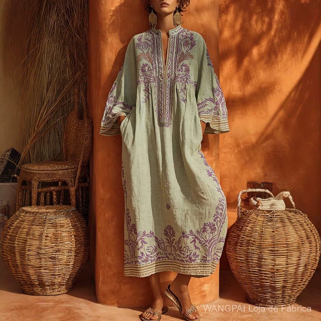 Vestido Longo Feminino Solto Estilo Boêmio Estampado em Algodão e Linho