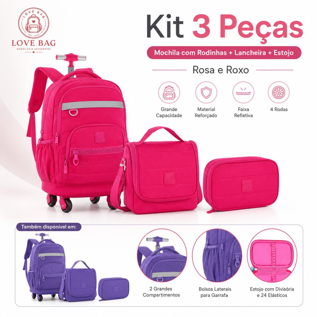 KIT de Mochila G 4 Rodas 360°Juvenil Estilosa Cor Pink Roxo Desenho do tecido Matelassê Lancheira Térmica e Estojo