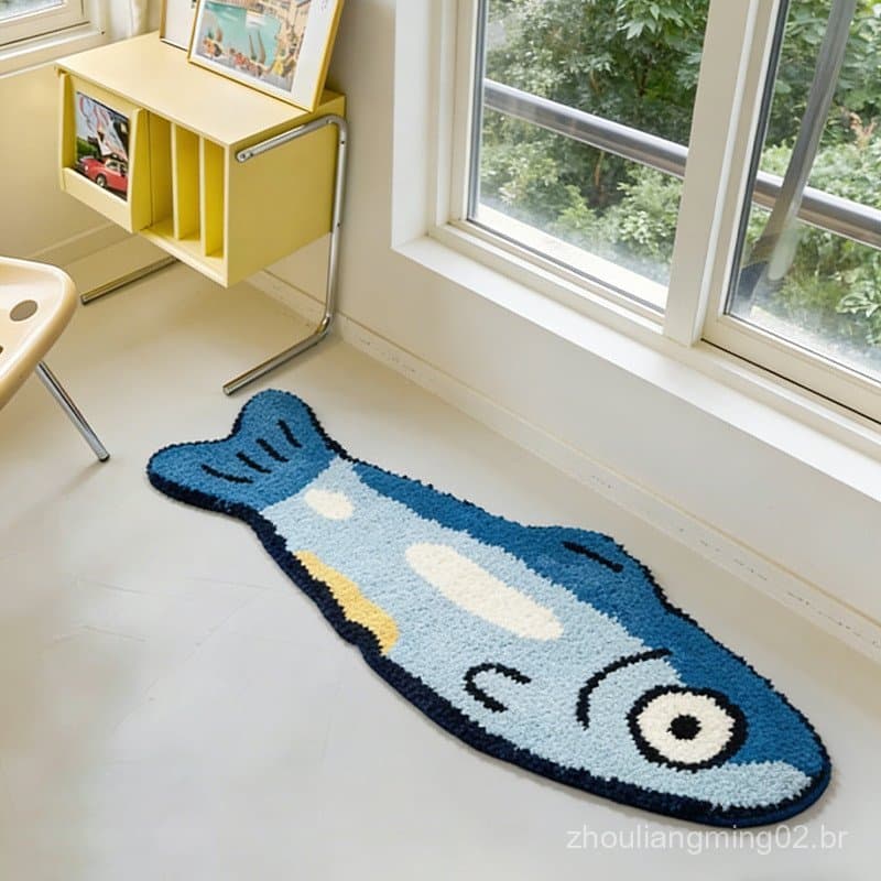 Tapete felpudo com estampa de peixes salgados azuis, tapete decorativo divertido para quarto de criança, tapete absorven