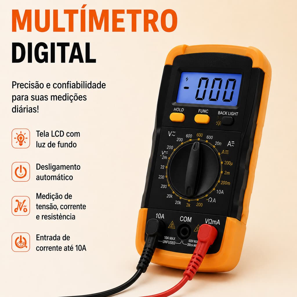 Multímetro Digital para Eletricista Medição de Voltagem Corrente Resistência e Continuidade