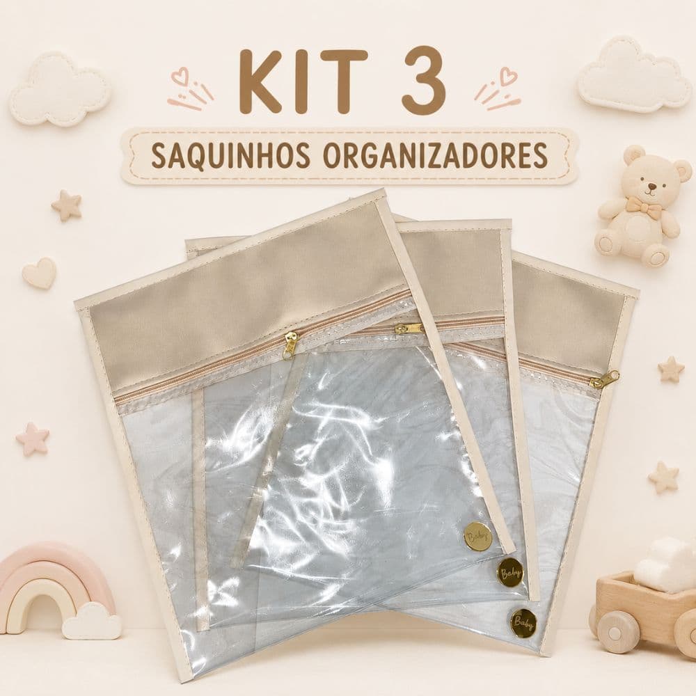 Kit 3 saquinhos organizadores transparentes troca maternidade com ziper