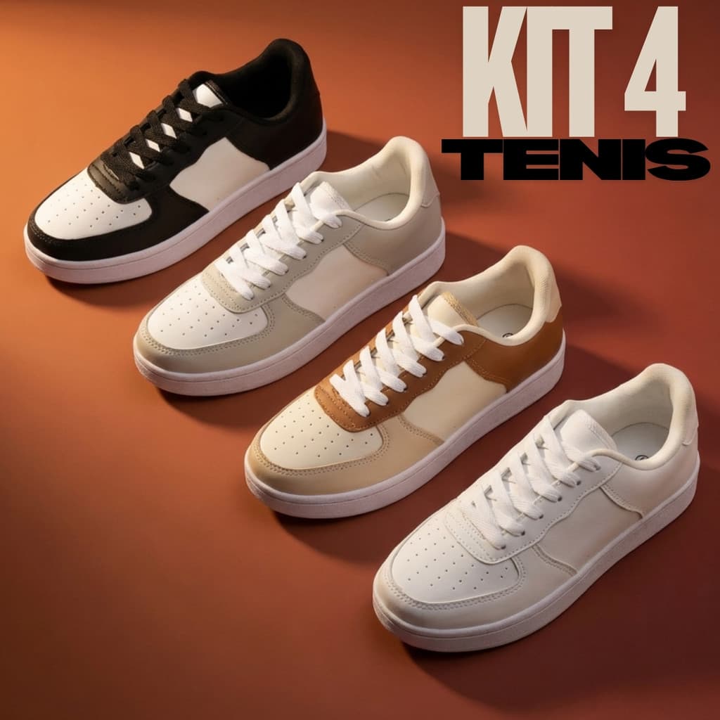 Kit 4 Pares Tênis Casual Confortável Branco Preto Lançamento 2026 Leve Uso Diário