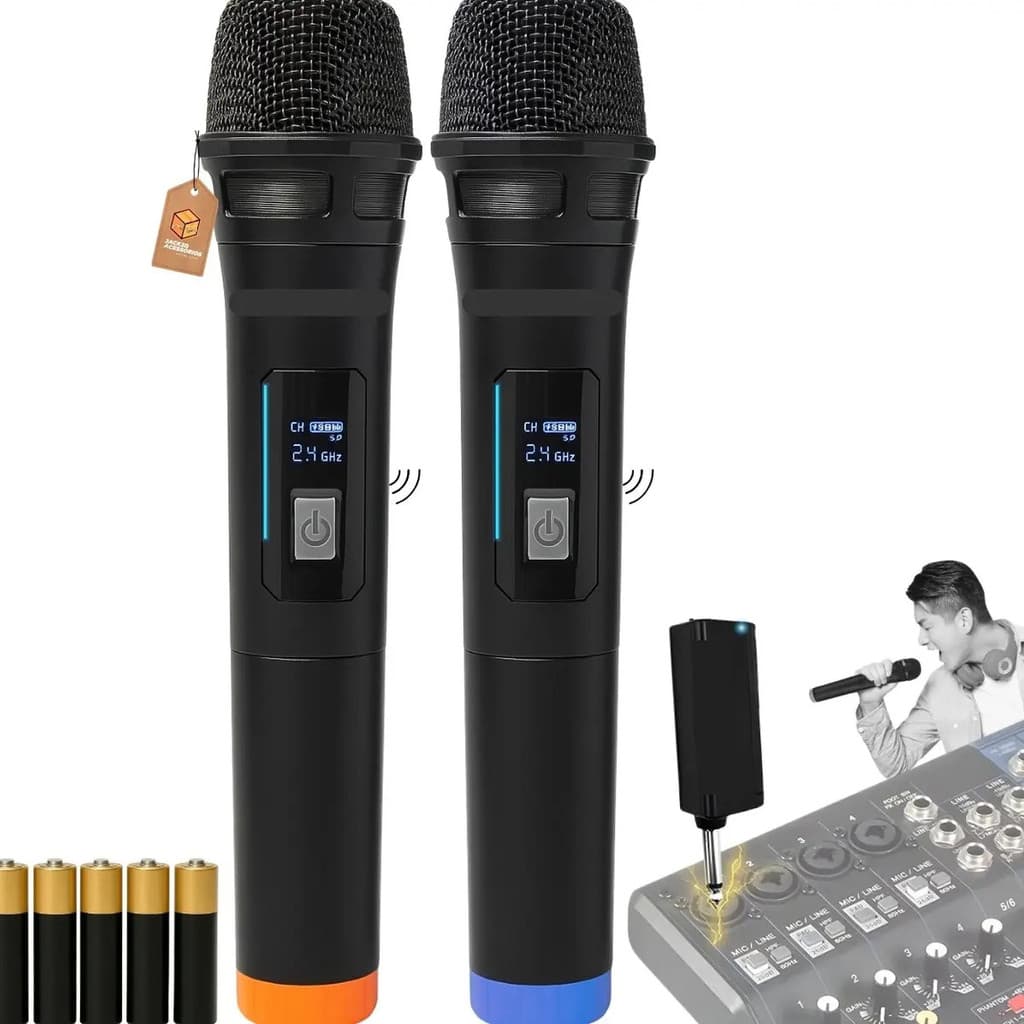 Kit 2 Microfones Dinâmico Sem Fio Teatro Karaoke Canto Voz