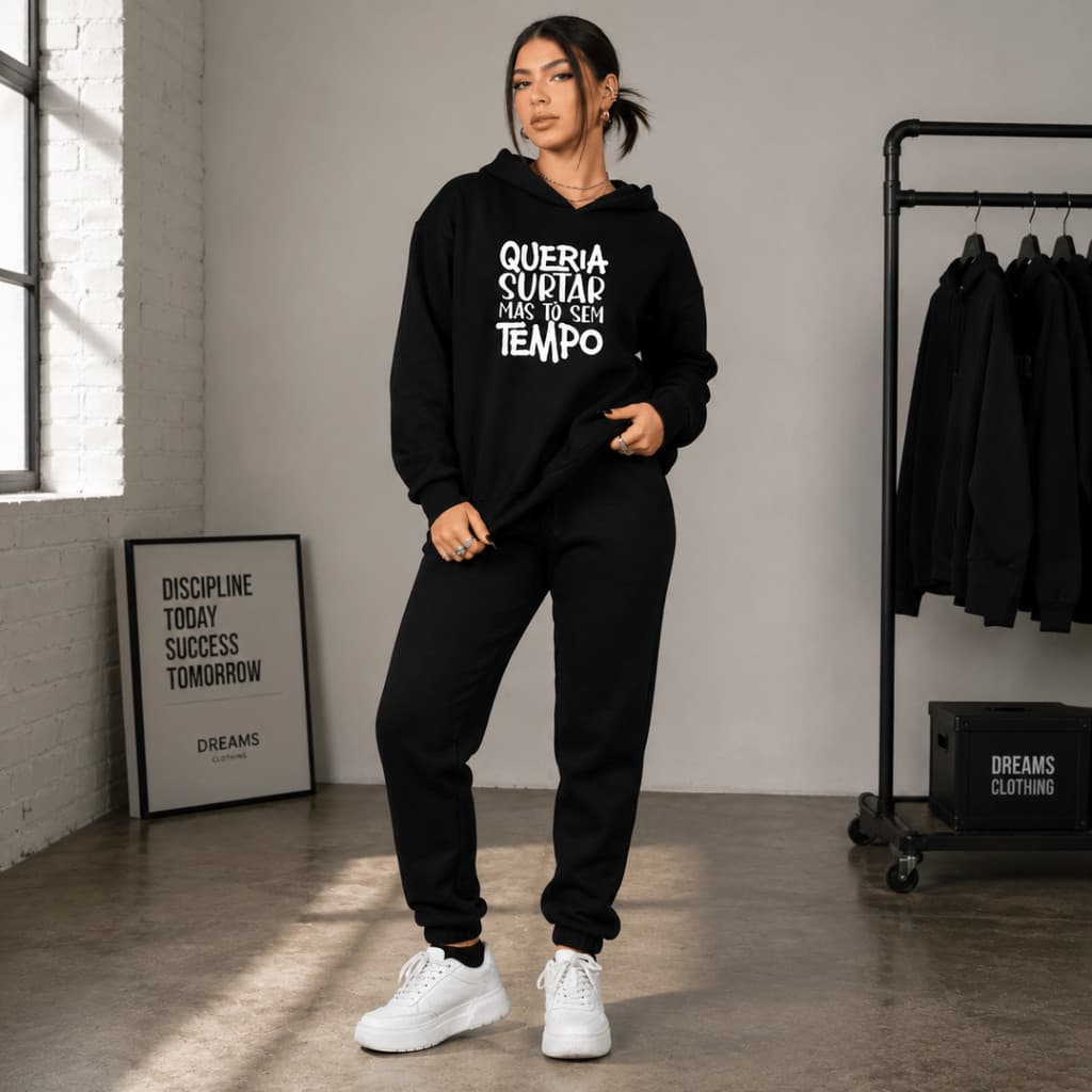 Conjunto Feminino de Moletom Canguru Calça Kit Estampada Queria Surtar 100% Algodão Blusa De Frio Capuz Cadarço Bolso
