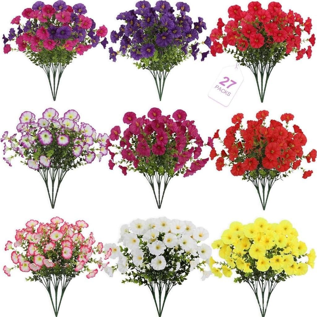 27 Buquês de Flores Artificiais para Exteriores, Flores de Seda Resistentes aos Raios UV, Flores Falsas de Plástico que