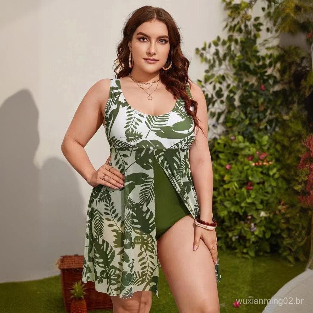 Novo maiô feminino plus size para comércio exterior, disfarça a barriga e emagrece, biquíni inteiro com saia e estampa d