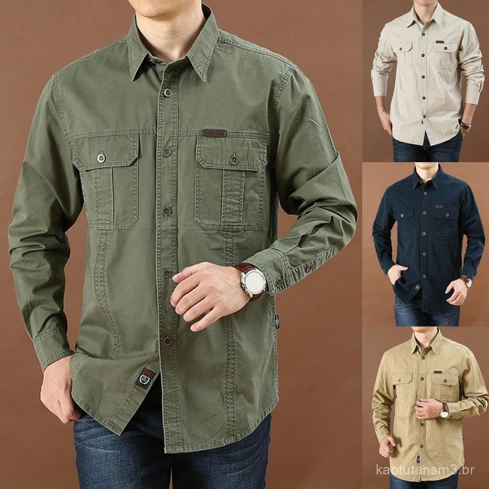 Camisa Masculina Solta e Grande, Casual, Estilo Militar com Bolsos, para Negócios e Eventos Sociais, Manga Longa, para P