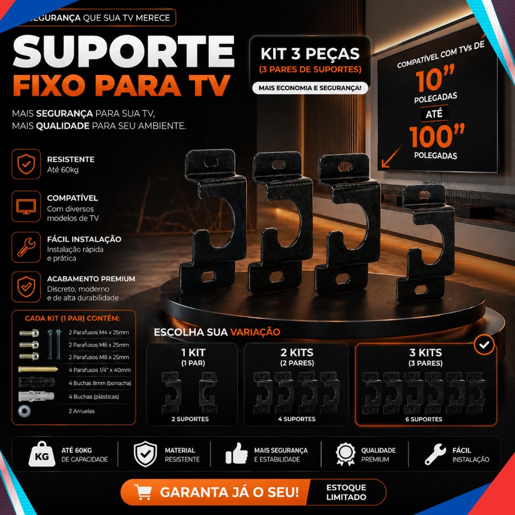 Suporte Universal Fixo P/ Smart TV LED LCD 4K Parede Painel 10 24 32 43 50 55 60 75 E 100 Polegadas