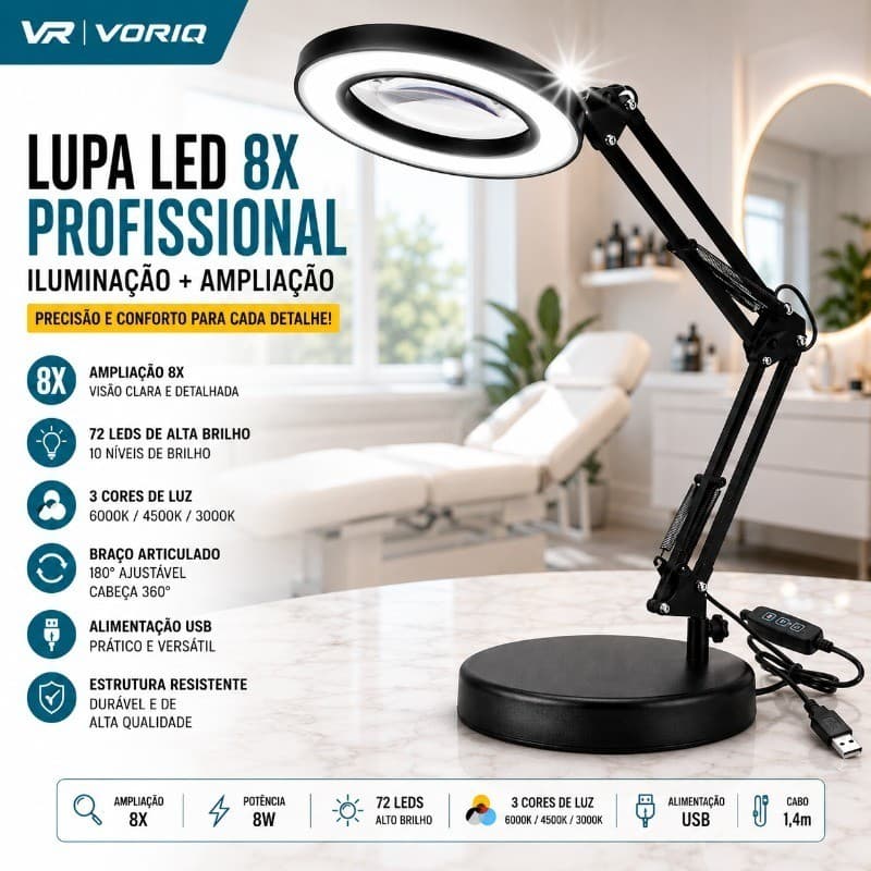 Luminária LED  Lupa Led Para Mesa 8x Profissional Estética Para Manicure ou Tatoo De Mesa Articulável Base gratuita