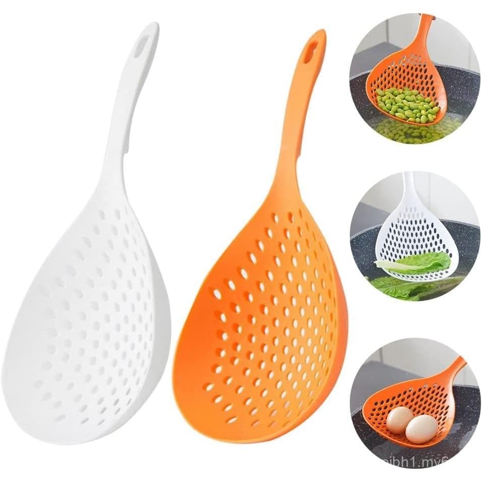 2 Peças de Colher Coador com Furos para Massa, Colher de Plástico com Cabo para Drenar Alimentos na Cozinha, Branco e La
