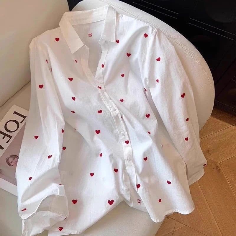 Sweet Love Print Lapela Camisa de Manga Comprida Temperamento Feminino