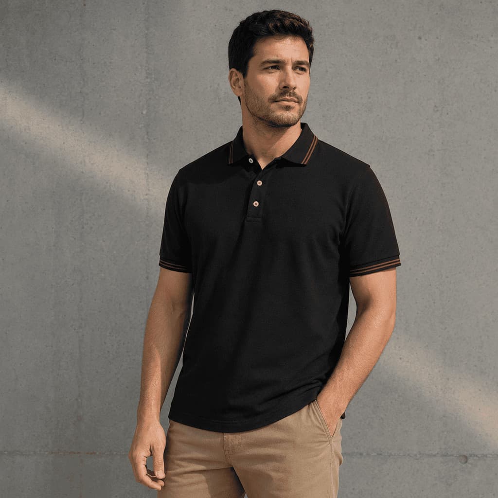 Camisa Polo Masculina Preta com Detalhes Vermelhos Manga Curta Casual Esportiva P ao GG