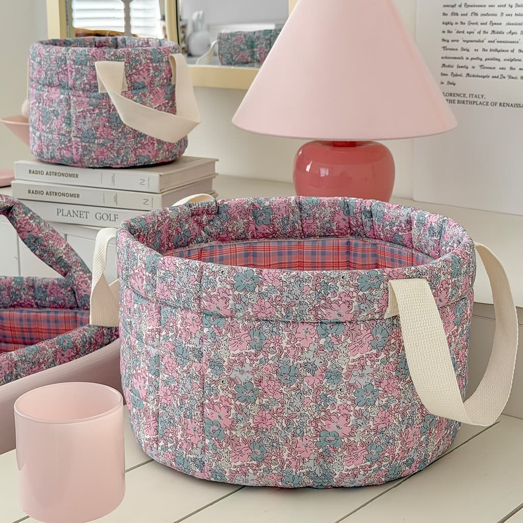 Cesto de Armazenamento Estilo Fazenda com Acolchoado Floral Rosa e Azul, Cesto de Lavanderia de Tecido, Organizador de D