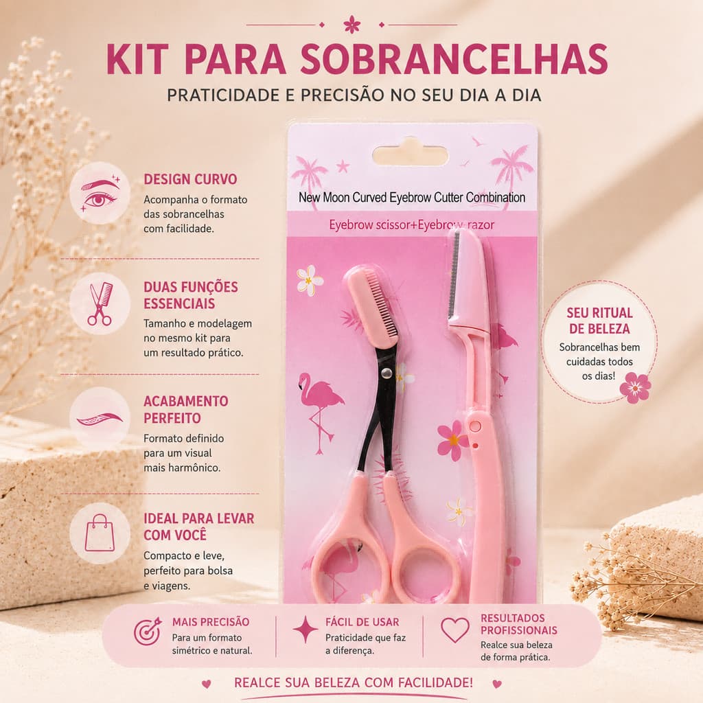 Kit 2 em 1 para Sobrancelhas: Tesoura com Pente + Navalha