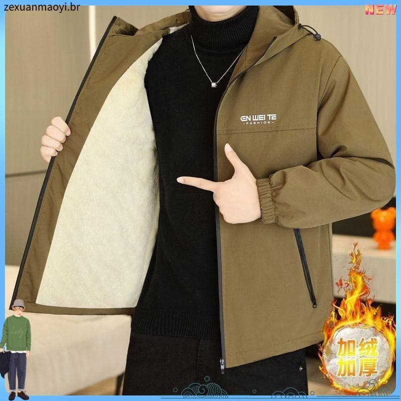 Versão coreana novo estilo outono inverno jaqueta masculina à prova de vento Casual quente forro de lã jaqueta com capu