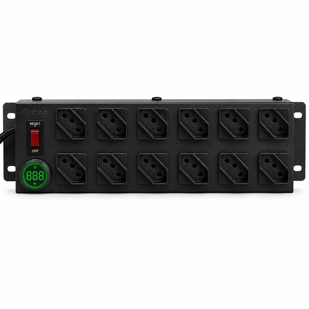 Filtro de Linha 12 Tomadas com Voltímetro Digital Preto NBR 14136 Bivolt Liga/Desliga Cabo 1,1m IPEC